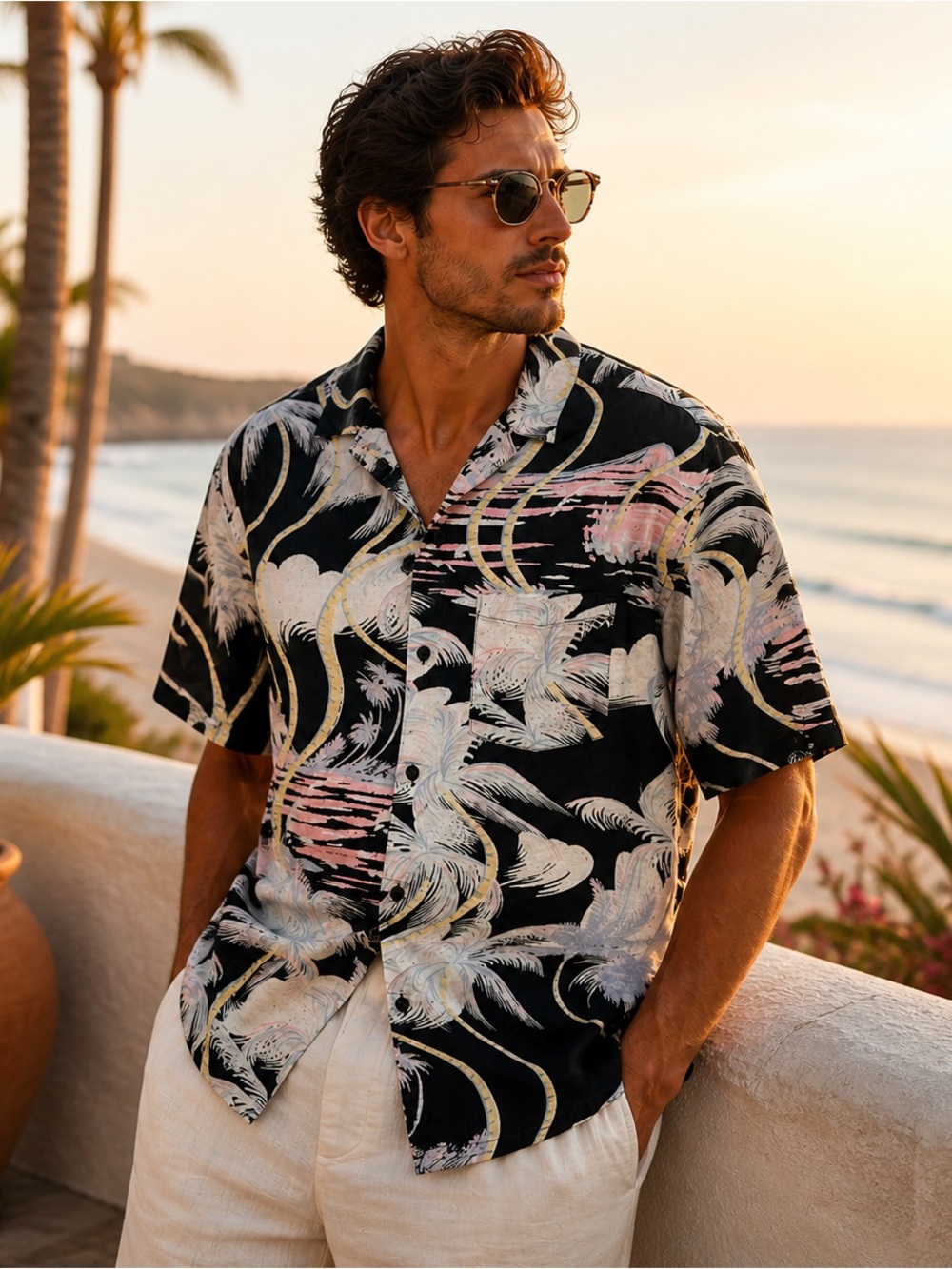 H&M Linen Cotton Camp Shirt Tropical Palm Medium Relaxed Fit Resort Vacation